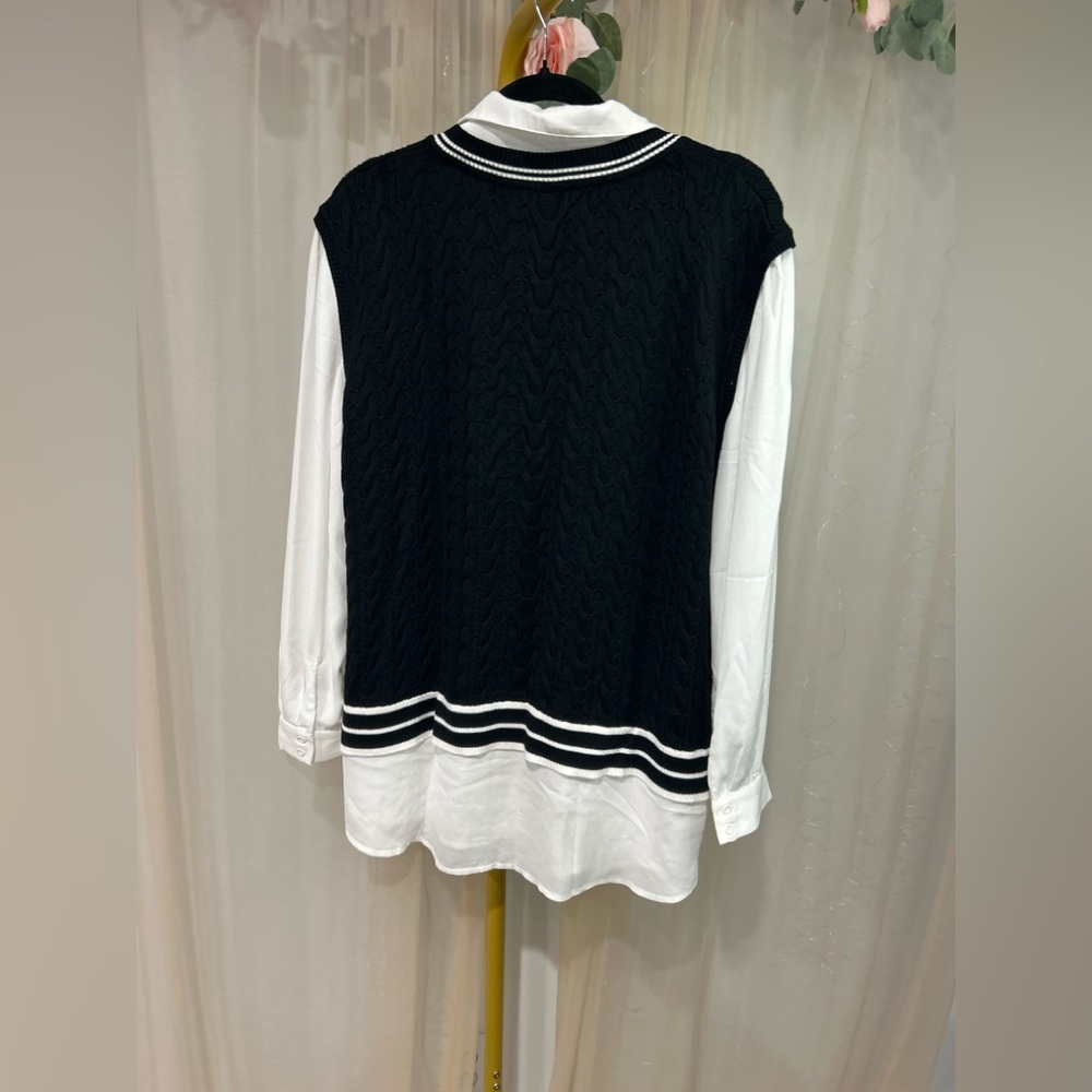 Adrianna Papell Layered Sweater Vest Blouse XL Black White Preppy knit top NWT - Picture 4 of 4